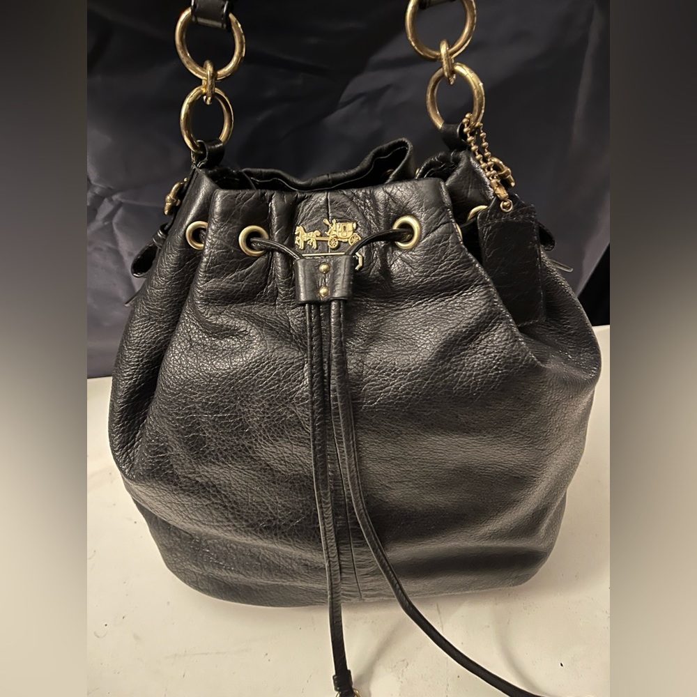 Authentic Black Leather Coach Tote Bag w/Goldtone Hardware and Purple Lining